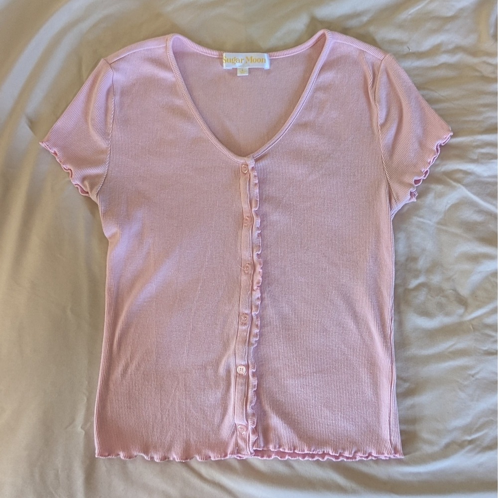 Sugar Moon Pink Ribbed Cardigan Short Sleeve Lettuce Trim V-Neck Button Top L